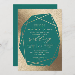 Cut Gemstone Teal Green & Gold Foil Wedding Invitation