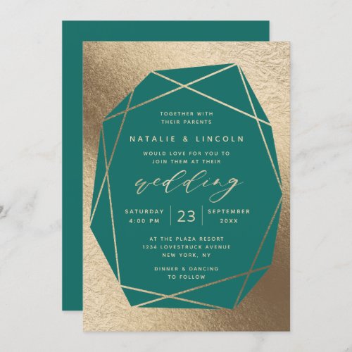 Cut Gemstone Teal Green  Gold Foil Wedding Invitation
