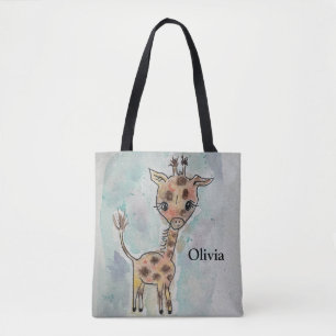 Cut Hand Drawn Painted Giraffe Name Tote Bag