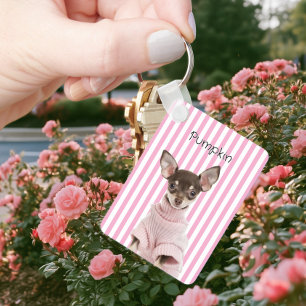 Cut Out Family Dog Photo Pink and White Stripe Keychain
