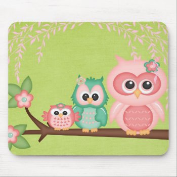 Cut Owls Branch Pink Mint Green Birds Mouse Pad by SterlingMoon at Zazzle