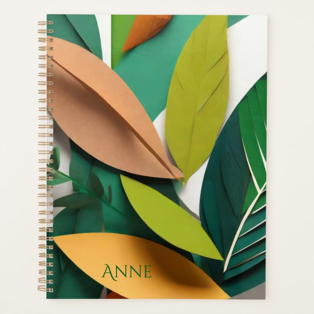 Cut paper leaves in green and gold planner (Front)