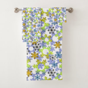 Cut paper snowflakes multicolored on white bath towel set