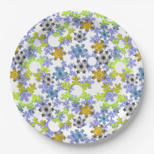 Cut paper snowflakes multicolored on white plates