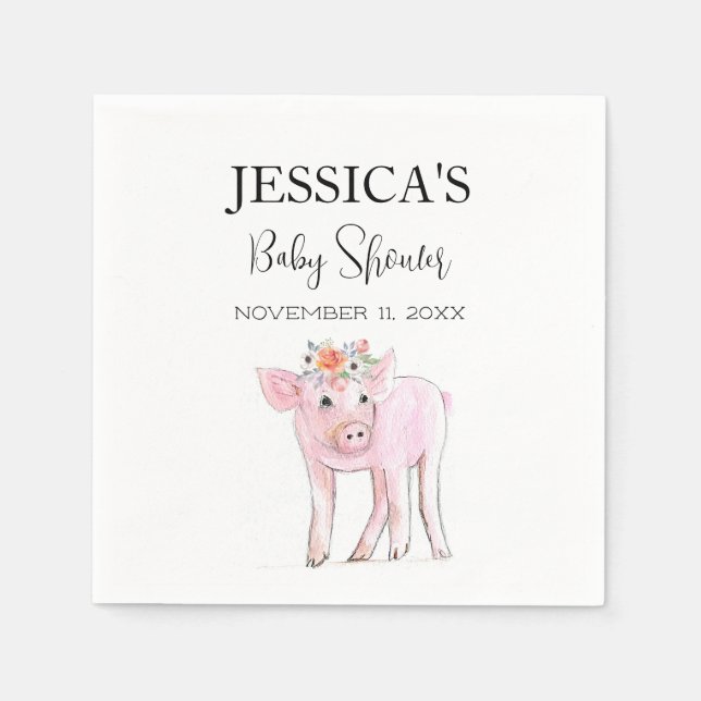 Cut Piggy Watercolor Baby Shower Boho Girl Napkins (Front)