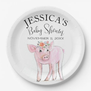 Cut Piggy Watercolor Baby Shower Boho Girl Paper Plates