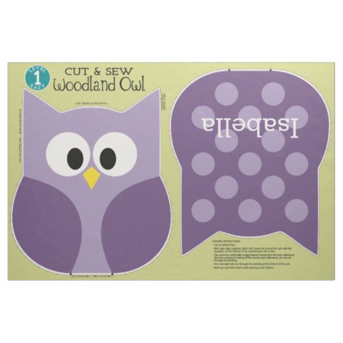 Cut  Sew Woodland Owl Stuffed Animal Custom Name Fabric