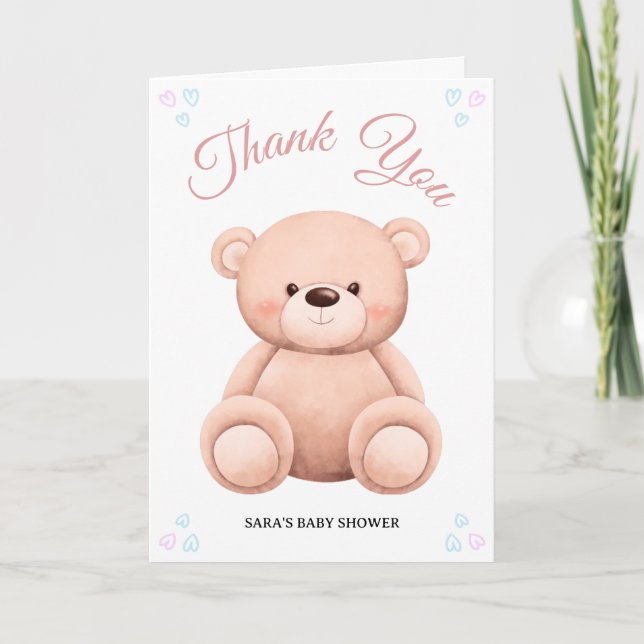Cut Teddy Bear, Pastel Girl Baby Shower Folded Thank You Card (Front)