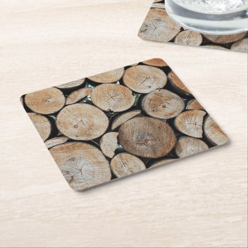 Cut Tree Branch Logs Stacked Pattern Photograph Square Paper Coaster