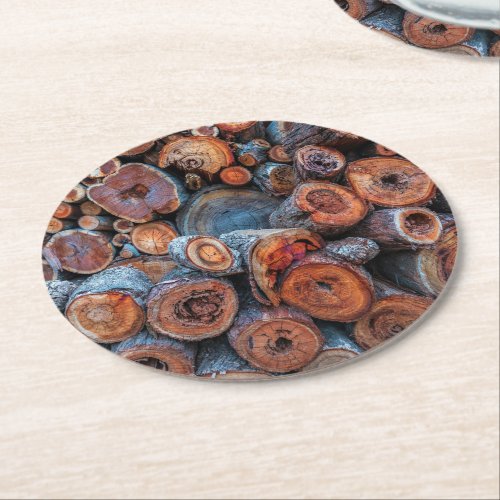 Cut Tree Logs Stacked Together Pattern Photograph Round Paper Coaster