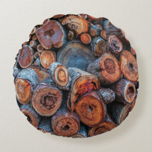 Cut Tree Logs Stacked Together Pattern Photograph Round Pillow