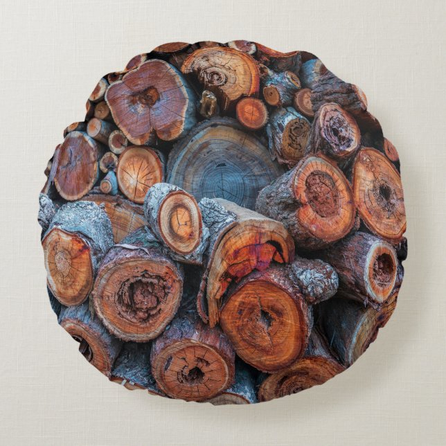 Cut Tree Logs Stacked Together Pattern Photograph Round Pillow (Front)