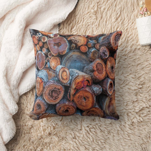 Cut Tree Logs Stacked Together Pattern Photograph Throw Pillow (Blanket)