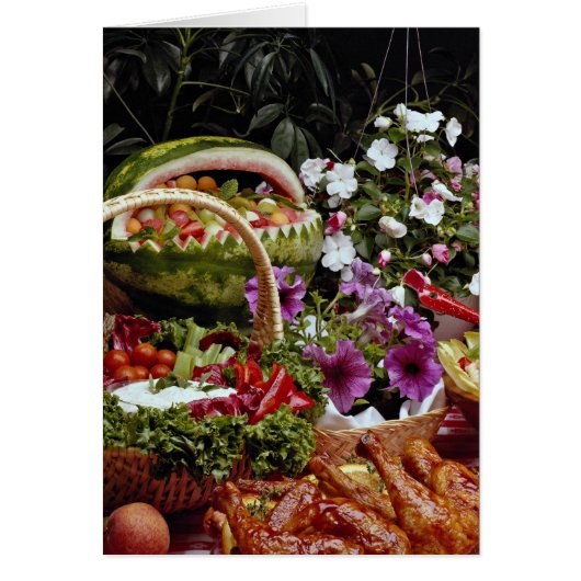 Cut watermelon fruit basket with flowers cards (Front)