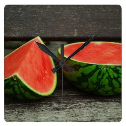 Cut Watermelon on Rustic Wood Background Square Wall Clock