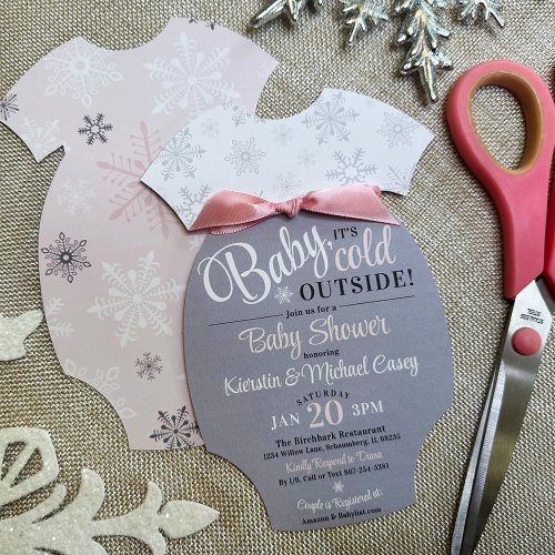 Cut_Your_Own Baby Bodysuit Pink Snowflake Shower Invitation