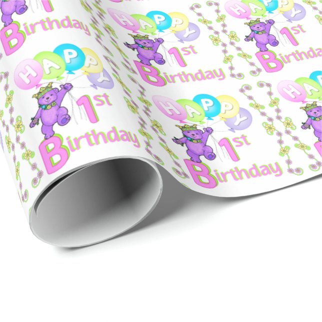 Cute1st Birthday Girly Purple Princess Teddy Bears Wrapping Paper (Roll Corner)