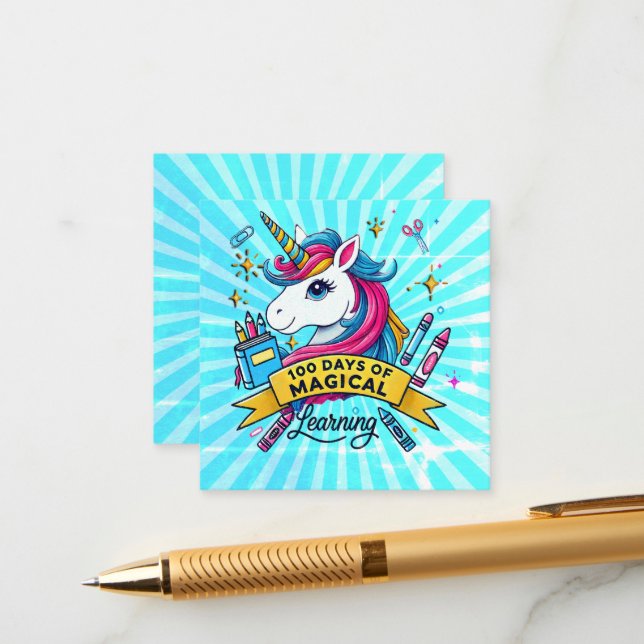 Cute 100 Days of School Magical Learning Unicorn Enclosure Card (Front/Back In Situ)
