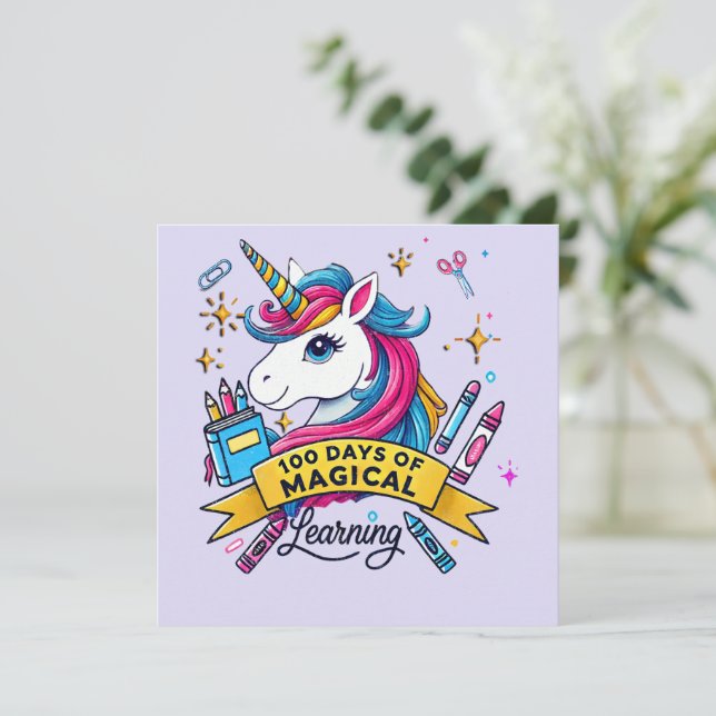 Cute 100 Days of School Magical Learning Unicorn Invitation (Standing Front)