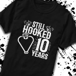 Cute 10th Anniversary Couples Married 10 Years T-Shirt<br><div class="desc">This fun 10th wedding anniversary design is perfect for fishing couples that have been married for 10 years and are still hooked on each other & love to go fishing! Great for a 10th wedding anniversary party to celebrate 10 years of marriage! Features "Still Hooked After 10 Years" wedding anniversary...</div>
