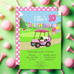 Cute 10th Birthday Polka Dot Pink Girly Golf Invitation