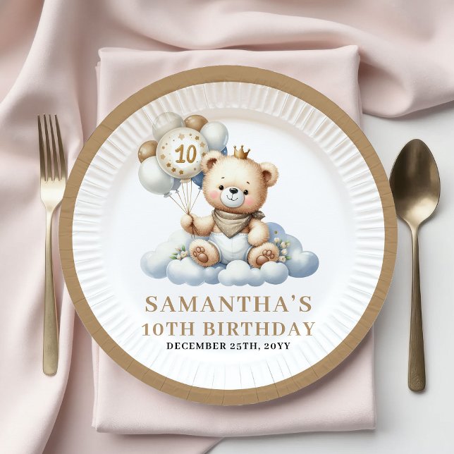 Cute 10th Birthday Teddy Bear Gold Balloon Plates (Cute 10th Birthday Teddy Bear Gold Balloon Plates)