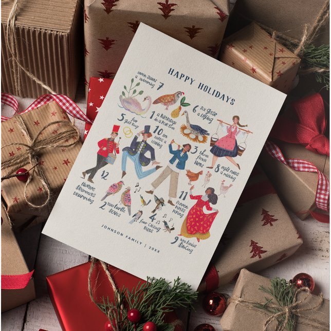 Cute 12 Days of Christmas Classic Illustration  Holiday Card (12 days of Christmas traditional classic greeting Card)