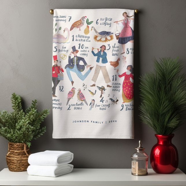 Cute 12 Days of Christmas Classic Illustration  Kitchen Towel (12 Days of Christmas Traditional Classic Illustration Tea Towel Holiday gift.)