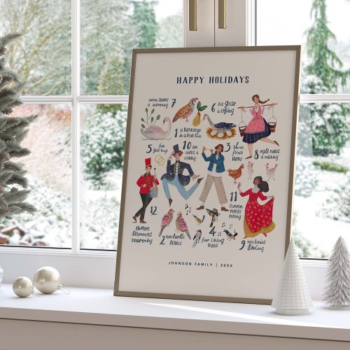 Cute 12 Days of Christmas Classic Illustration  Poster
