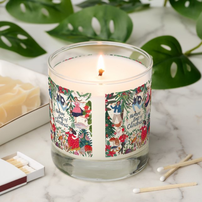 Cute 12 Days of Christmas Classic Illustration Scented Candle (Lit)