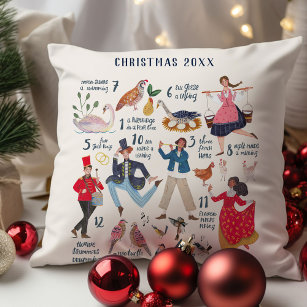 Cute 12 Days of Christmas Classic Illustration Throw Pillow