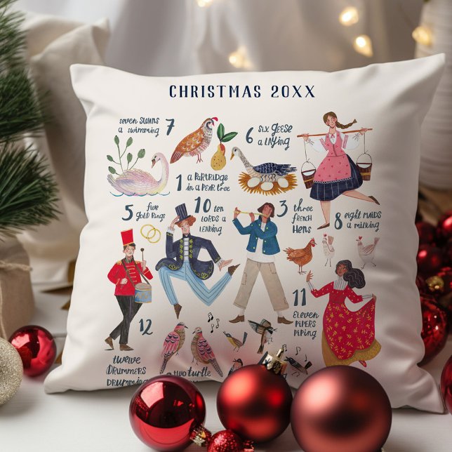 Cute 12 Days of Christmas Classic Illustration Throw Pillow (12 Days of Christmas custom year traditional classic illustration holiday throw pillow decor.)