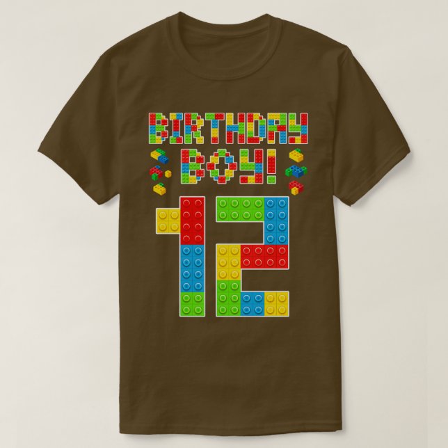Cute 12th Birthday 12 Years Old Block Building Boy T-Shirt (Design Front)