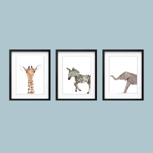 Cute 16x20 Safari Jungle Animal Watercolor Nursery Wall Art Sets