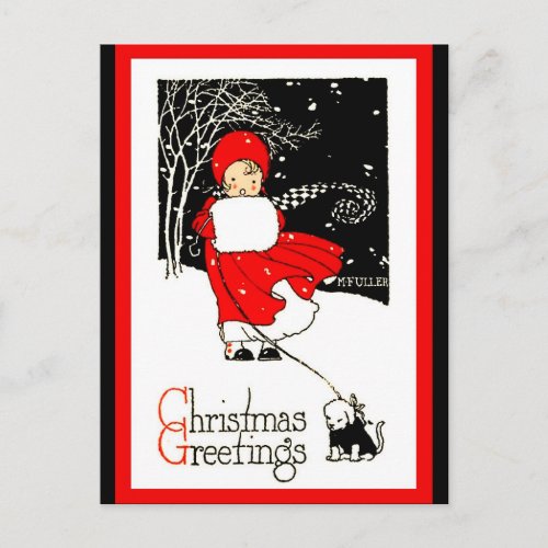 Cute 1920s Christmas Girl Muff Dog Red Black copy Postcard