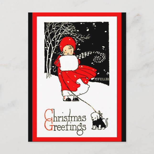 Cute 1920's Christmas Girl Muff Dog Red Black copy Postcard (Front)