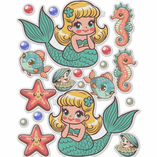 Cute 1950 Mermaids paper dolls sealife fantasy art Sticker (Front)