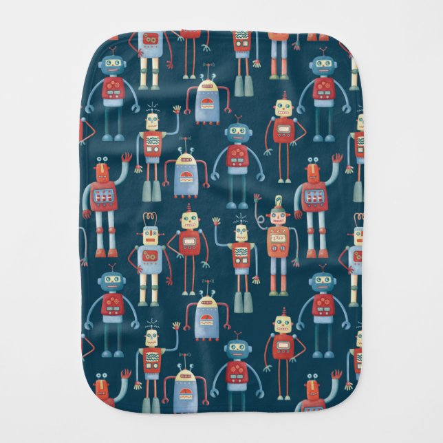 Cute 1950s Style Retro Robot Pattern Dark Baby Burp Cloth (Front)