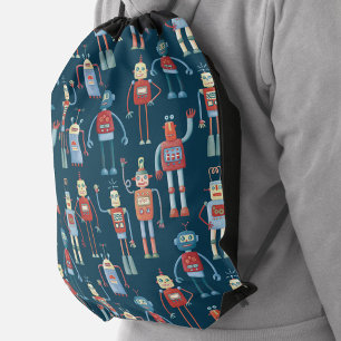Cute 1950s Style Retro Robot Pattern Dark Drawstring Bag