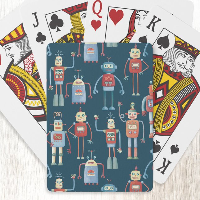 Cute 1950s Style Retro Robot Pattern Dark Poker Cards (Fun retro robot pattern art playing cards)