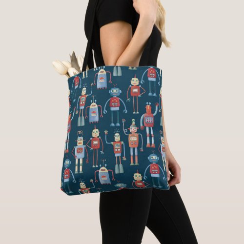 Cute 1950s Style Retro Robot Pattern Dark Tote Bag