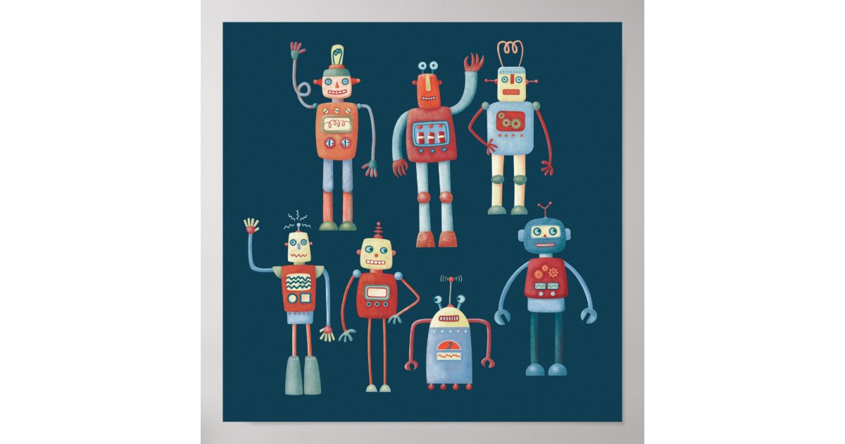 Cute 1950s Style Retro Robots Poster | Zazzle