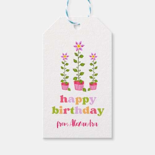 Cute 1970s Floral Typography Personalized Birthday Gift Tags