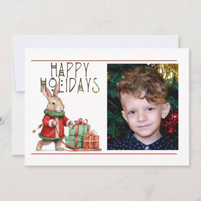 Cute 1 Photo HAPPY HOLIDAYS CHRISTMAS RABBIT Holiday Card (Front)
