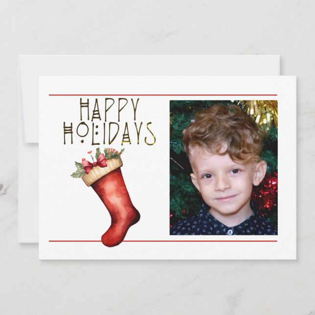 Cute 1 Photo HAPPY HOLIDAYS RED CHRISTMAS STOCKING Holiday Card (Front)
