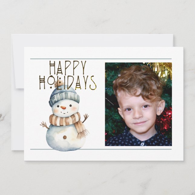Cute 1 Photo HAPPY HOLIDAYS SNOWMAN IN HAT & SCARF Holiday Card (Front)