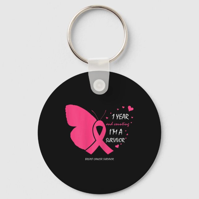 Cute 1 Year Breast Cancer Free Pink Survivor Gifts Keychain (Front)