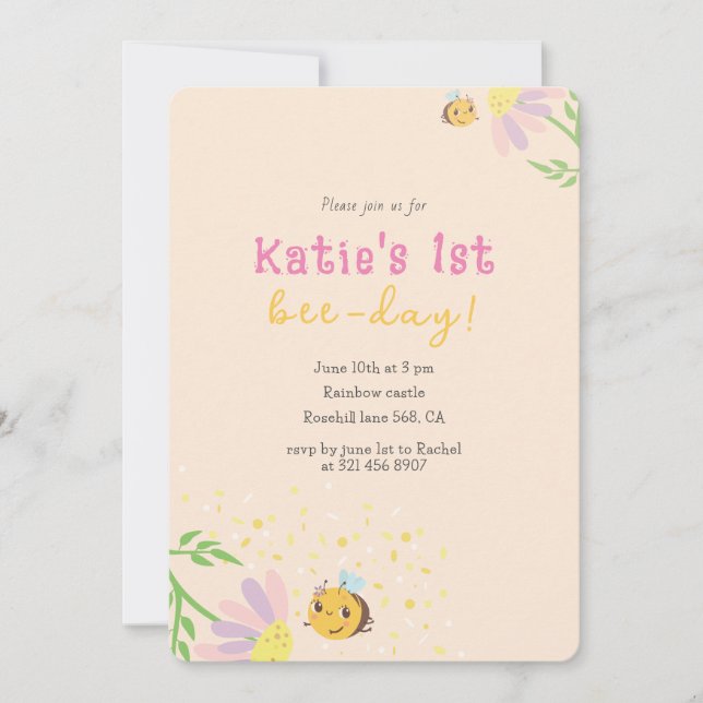 Cute 1st beeday pastel invitation (Front)