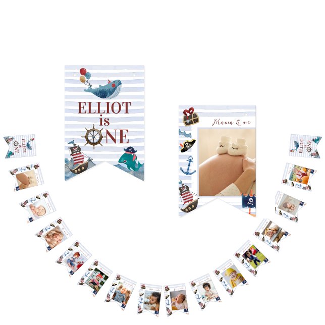 Cute 1st Birthday 12 Month Photo Milestone Pirate Bunting Flags (Creator Uploaded)