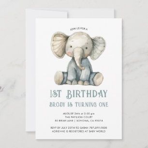 Cute 1st Birthday Blue Stuffed Elephant Toy Invitation